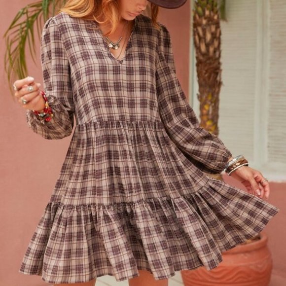 Dresses & Skirts - Plaid ruffle hem lantern sleeve dress Tan